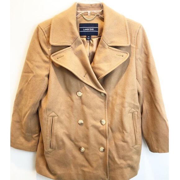 Lands’ End Camel Wool Pea Coat 8 - Picture 1 of 5